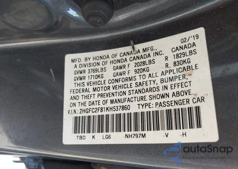 2019 Honda Civic Sport z USA, uszkodzony, nr VIN 2HGFC2F81KH537860